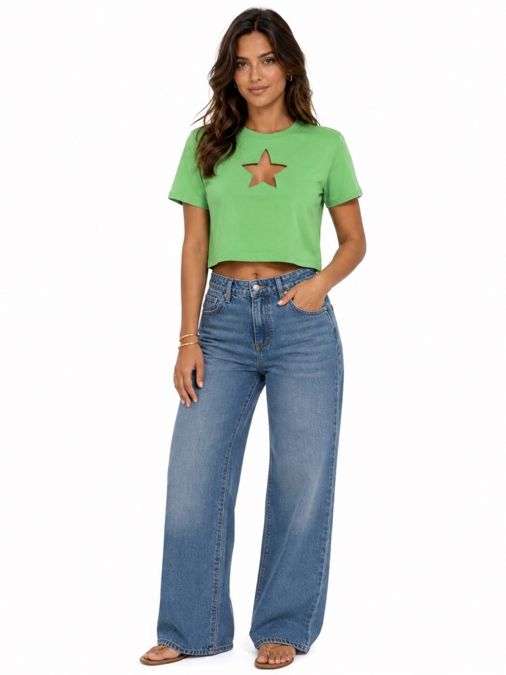 EVA Brazil Green Star Cutout Cropped Sweatshirt Tee Top Size P / S